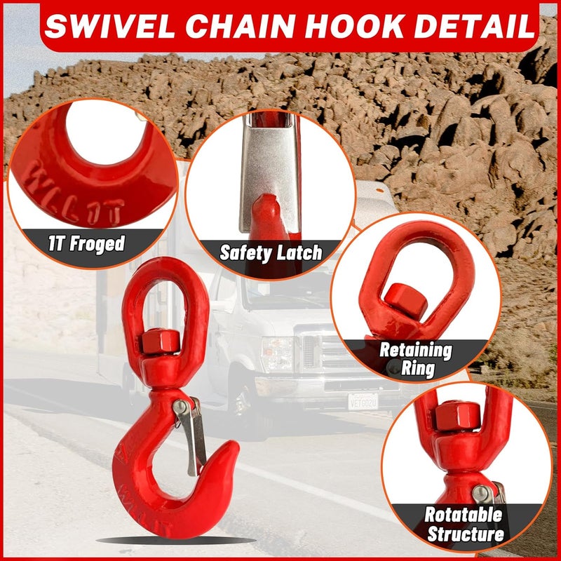 HENBOW 1 Ton Swivel Lifting Hooks,G80 Safety Tow Chain Hooks with Latch,2200Lbs Safety Load Limit,Heavy Duty Alloy Steel Round Rotating Sling Towing Log Hook for Lifting and Towing - Image 3